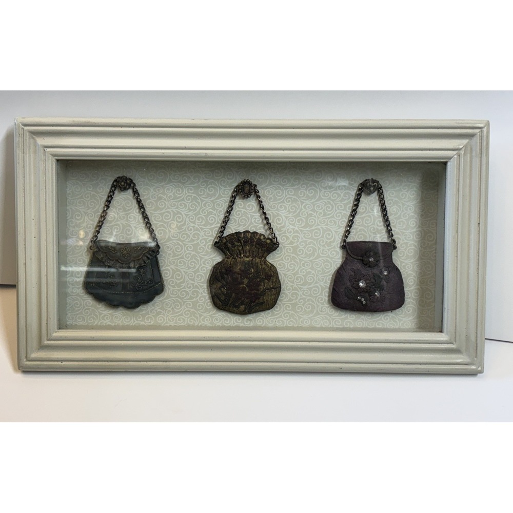 Vintage Shadow Box Wall Art w/ 3 Metal Purse Charms Framed Display 13 X 7"